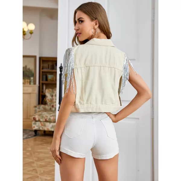 SweatyRocks Women's Fringe Button Down Crop Denim Jacket Sleeveless Collared Jean Coats