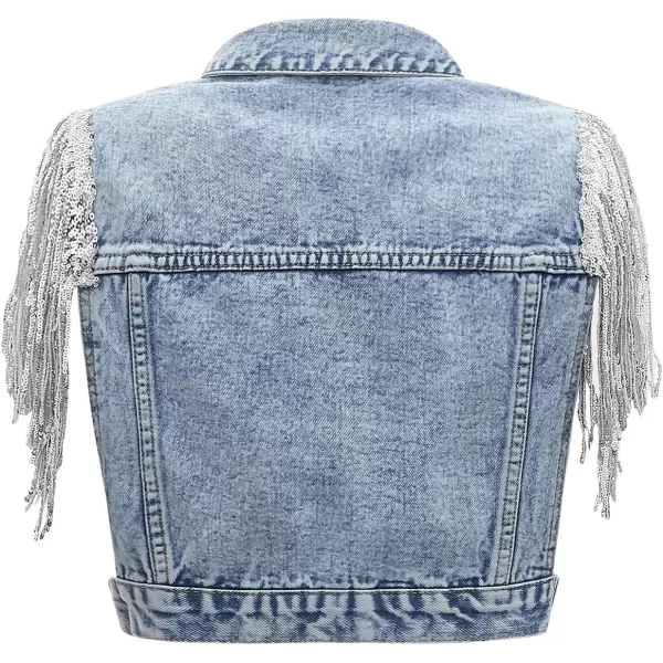 SweatyRocks Women's Fringe Button Down Crop Denim Jacket Sleeveless Collared Jean Coats