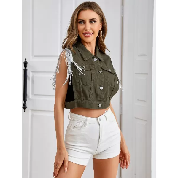 SweatyRocks Women's Fringe Button Down Crop Denim Jacket Sleeveless Collared Jean Coats