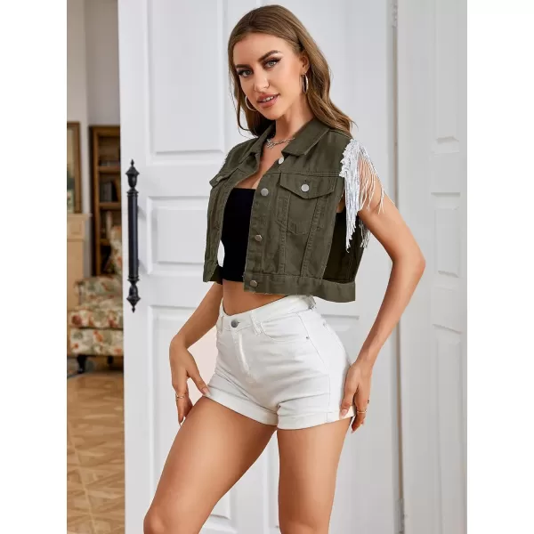 SweatyRocks Women's Fringe Button Down Crop Denim Jacket Sleeveless Collared Jean Coats