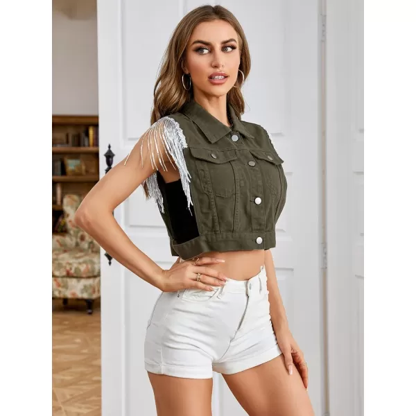 SweatyRocks Women's Fringe Button Down Crop Denim Jacket Sleeveless Collared Jean Coats