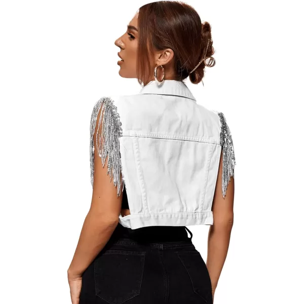 SweatyRocks Women's Fringe Button Down Crop Denim Jacket Sleeveless Collared Jean Coats