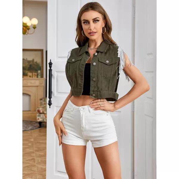 SweatyRocks Women's Fringe Button Down Crop Denim Jacket Sleeveless Collared Jean Coats