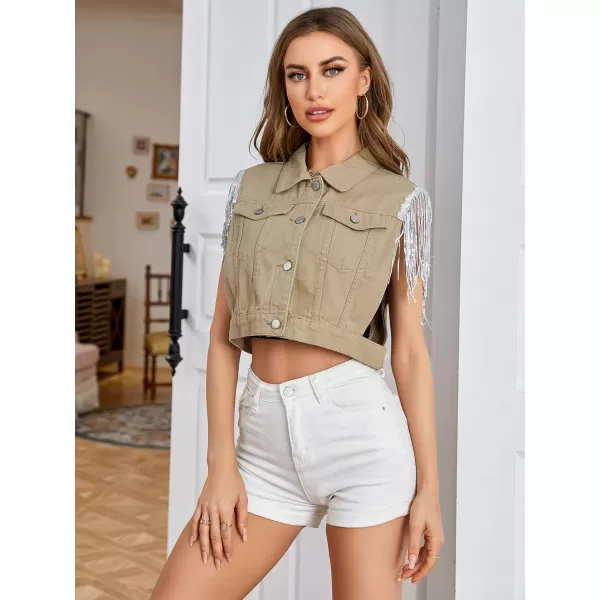 SweatyRocks Women's Fringe Button Down Crop Denim Jacket Sleeveless Collared Jean Coats