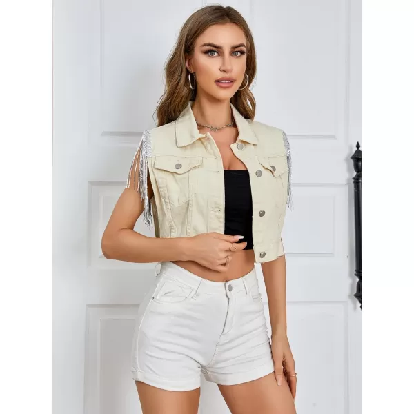 SweatyRocks Women's Fringe Button Down Crop Denim Jacket Sleeveless Collared Jean Coats