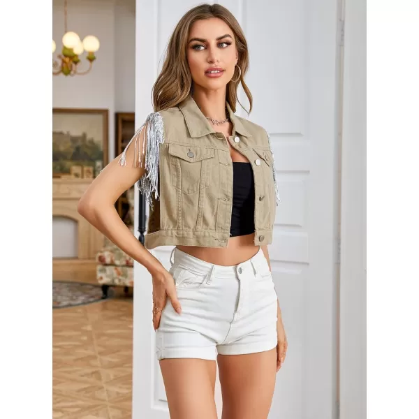 SweatyRocks Women's Fringe Button Down Crop Denim Jacket Sleeveless Collared Jean Coats