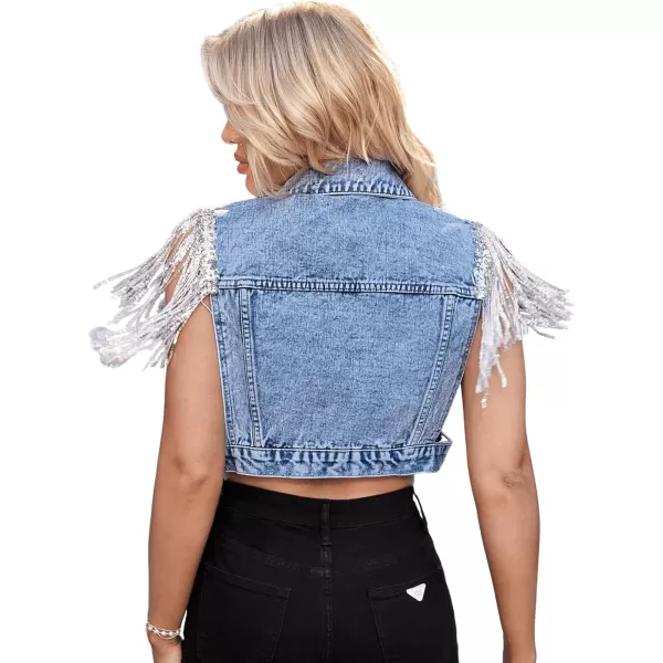 SweatyRocks Women's Fringe Button Down Crop Denim Jacket Sleeveless Collared Jean Coats
