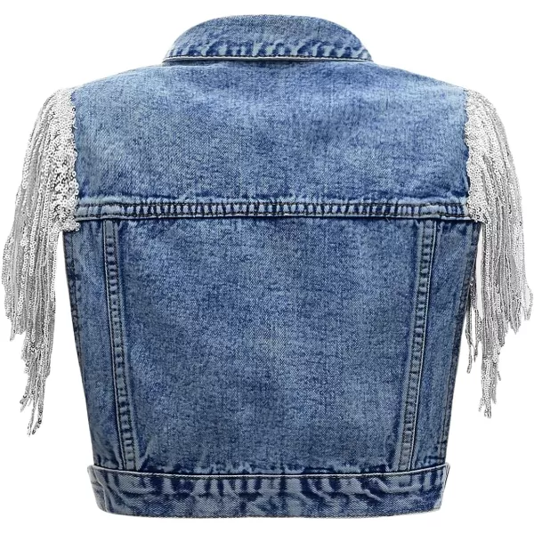 SweatyRocks Women's Fringe Button Down Crop Denim Jacket Sleeveless Collared Jean Coats