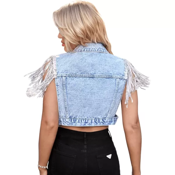 SweatyRocks Women's Fringe Button Down Crop Denim Jacket Sleeveless Collared Jean Coats
