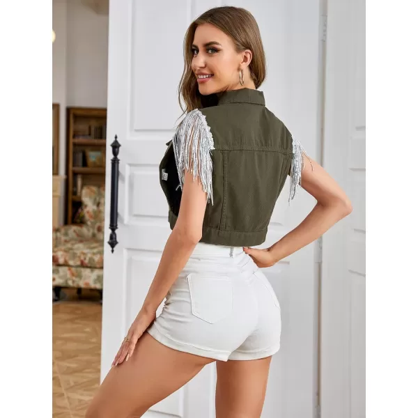 SweatyRocks Women's Fringe Button Down Crop Denim Jacket Sleeveless Collared Jean Coats