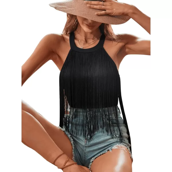 SweatyRocks Women's Fringe Sleeveless Boho Tassel Tank Top Slim Fit Cami Halter Tops