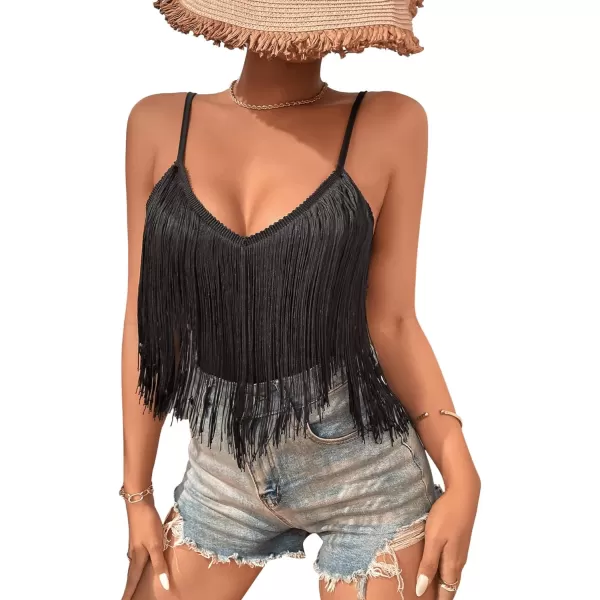 SweatyRocks Women's Fringe Sleeveless Boho Tassel Tank Top Slim Fit Cami Halter Tops