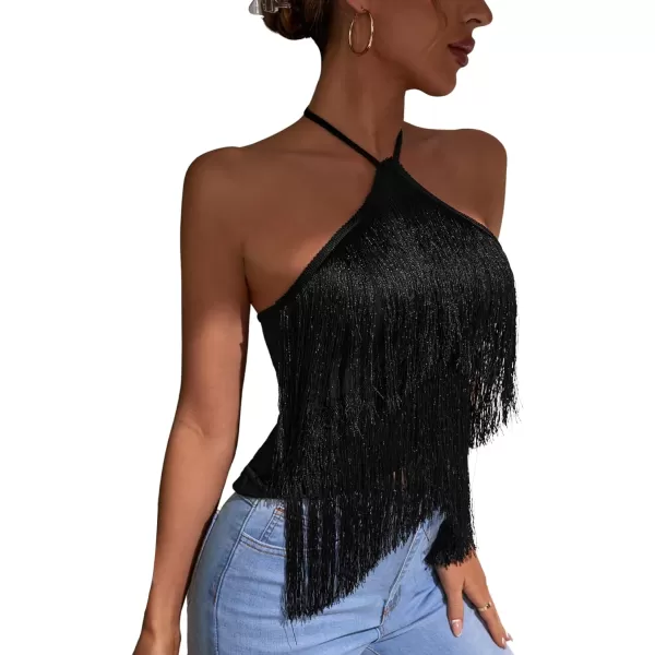 SweatyRocks Women's Fringe Sleeveless Boho Tassel Tank Top Slim Fit Cami Halter Tops