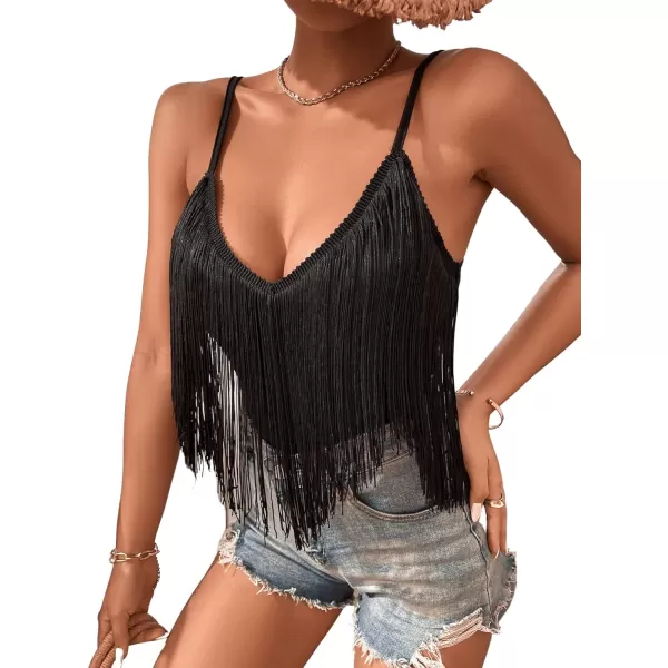 SweatyRocks Women's Fringe Sleeveless Boho Tassel Tank Top Slim Fit Cami Halter Tops