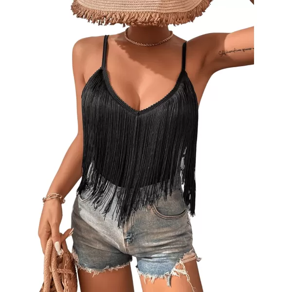SweatyRocks Women's Fringe Sleeveless Boho Tassel Tank Top Slim Fit Cami Halter Tops