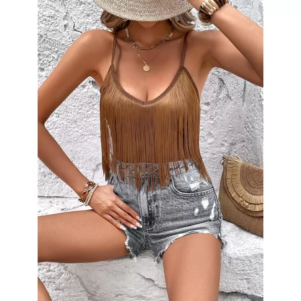 SweatyRocks Women's Fringe Sleeveless Boho Tassel Tank Top Slim Fit Cami Halter Tops