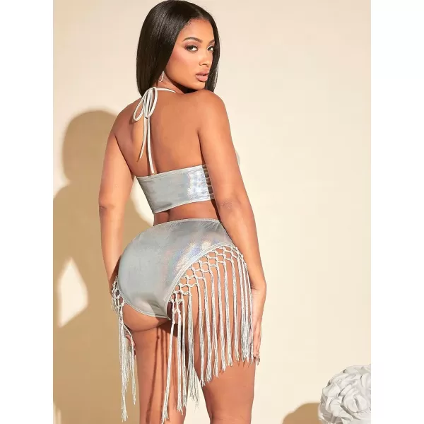 SweatyRocks Women's Fringe V Neck Sleeveless Tassel Bodysuit Skinny Cami Bodysuits Jumpsuit