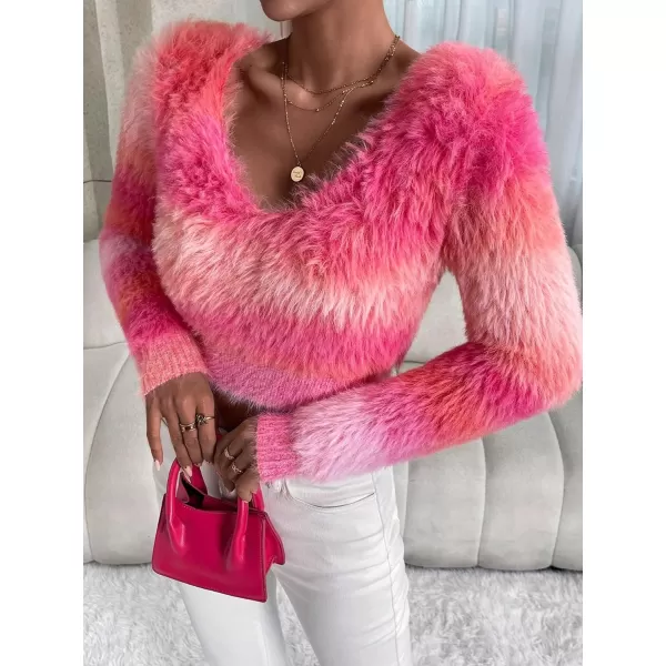 SweatyRocks Women's Fuzzy Fleece Long Sleeve V Neck Crop Sweater Casual Plain Slim Fit Warm Knitwear Sweater Tops