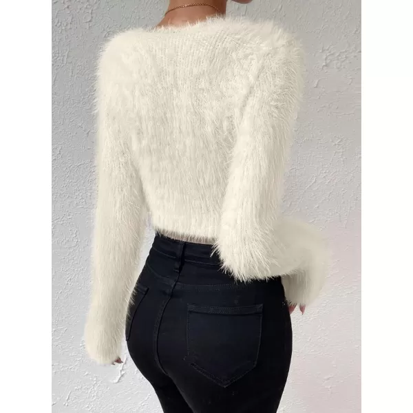 SweatyRocks Women's Fuzzy Fleece Long Sleeve V Neck Crop Sweater Casual Plain Slim Fit Warm Knitwear Sweater Tops