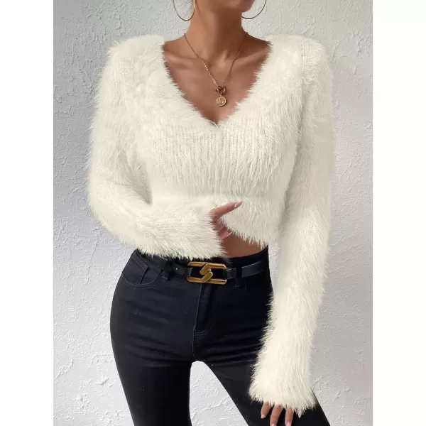 SweatyRocks Women's Fuzzy Fleece Long Sleeve V Neck Crop Sweater Casual Plain Slim Fit Warm Knitwear Sweater Tops