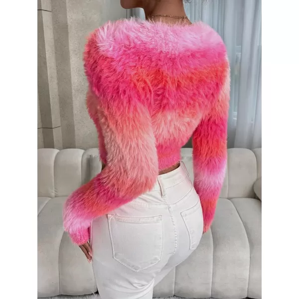 SweatyRocks Women's Fuzzy Fleece Long Sleeve V Neck Crop Sweater Casual Plain Slim Fit Warm Knitwear Sweater Tops