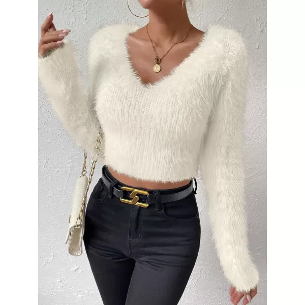 SweatyRocks Women's Fuzzy Fleece Long Sleeve V Neck Crop Sweater Casual Plain Slim Fit Warm Knitwear Sweater Tops