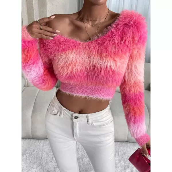 SweatyRocks Women's Fuzzy Fleece Long Sleeve V Neck Crop Sweater Casual Plain Slim Fit Warm Knitwear Sweater Tops