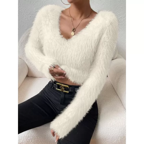 SweatyRocks Women's Fuzzy Fleece Long Sleeve V Neck Crop Sweater Casual Plain Slim Fit Warm Knitwear Sweater Tops