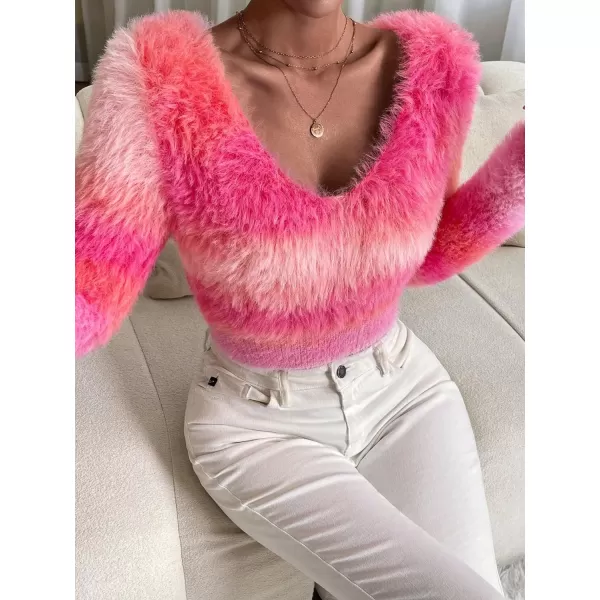 SweatyRocks Women's Fuzzy Fleece Long Sleeve V Neck Crop Sweater Casual Plain Slim Fit Warm Knitwear Sweater Tops