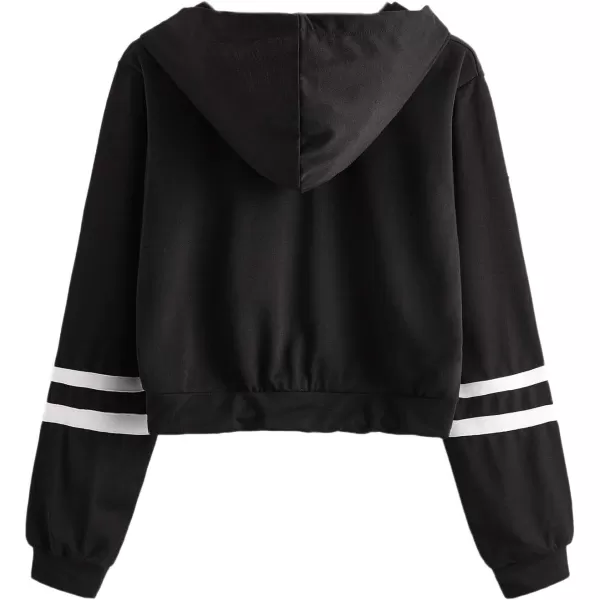 SweatyRocks Women's Graphic Printed Drawstring Hem Hoodies Striped Long Sleeve Crop Sweatshirt Hoodies