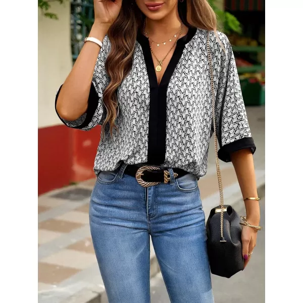SweatyRocks Women's Half Batwing Sleeve Fall Work Shirt Lightweight Notched V Neck Blouse Allover Print Office Tops