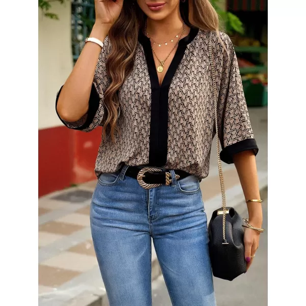 SweatyRocks Women's Half Batwing Sleeve Fall Work Shirt Lightweight Notched V Neck Blouse Allover Print Office Tops