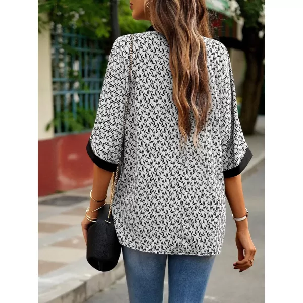 SweatyRocks Women's Half Batwing Sleeve Fall Work Shirt Lightweight Notched V Neck Blouse Allover Print Office Tops