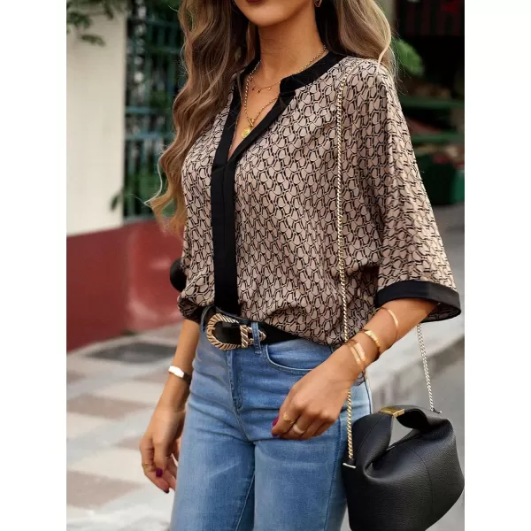SweatyRocks Women's Half Batwing Sleeve Fall Work Shirt Lightweight Notched V Neck Blouse Allover Print Office Tops