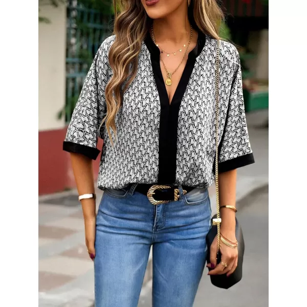 SweatyRocks Women's Half Batwing Sleeve Fall Work Shirt Lightweight Notched V Neck Blouse Allover Print Office Tops
