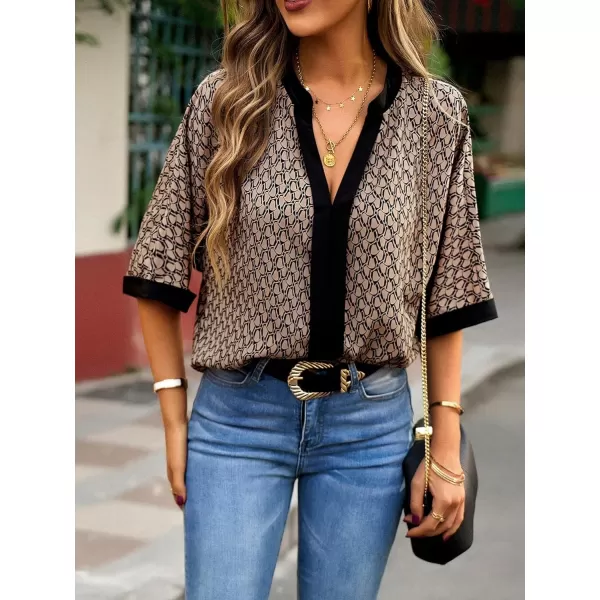 SweatyRocks Women's Half Batwing Sleeve Fall Work Shirt Lightweight Notched V Neck Blouse Allover Print Office Tops