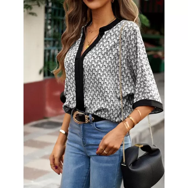 SweatyRocks Women's Half Batwing Sleeve Fall Work Shirt Lightweight Notched V Neck Blouse Allover Print Office Tops