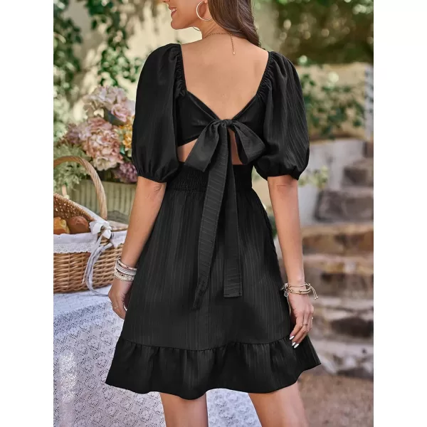 SweatyRocks Women's Half Sleeve Square Neck Ruched Dress Tie Back Ruffle Hem A Line Short Dresses