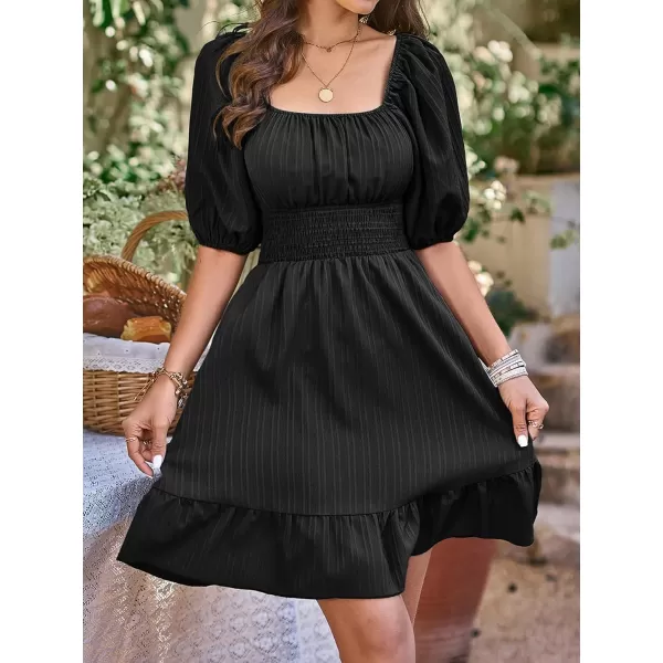SweatyRocks Women's Half Sleeve Square Neck Ruched Dress Tie Back Ruffle Hem A Line Short Dresses