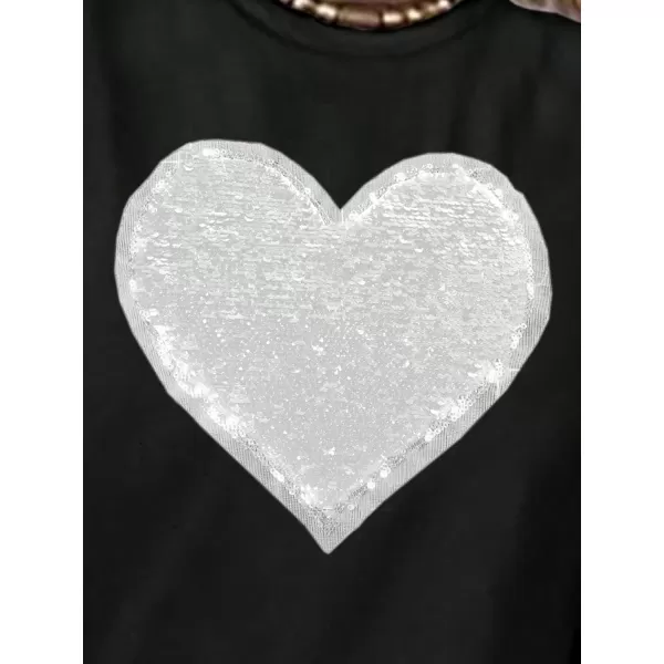 SweatyRocks Women's Heart Print Glitter Sequin T Shirts Casual Round Neck Short Sleeve Tee Tops