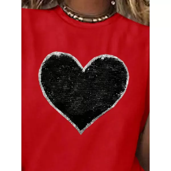 SweatyRocks Women's Heart Print Glitter Sequin T Shirts Casual Round Neck Short Sleeve Tee Tops