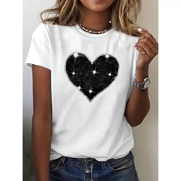 SweatyRocks Women's Heart Print Glitter Sequin T Shirts Casual Round Neck Short Sleeve Tee Tops