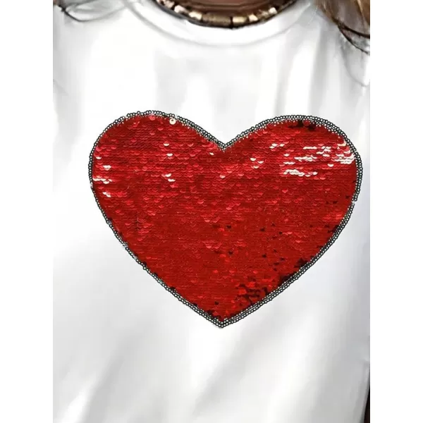 SweatyRocks Women's Heart Print Glitter Sequin T Shirts Casual Round Neck Short Sleeve Tee Tops