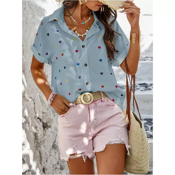 SweatyRocks Women's Heart Print Short Sleeve Button Down Shirt Top Collared Neck Summer Holiday Blouses