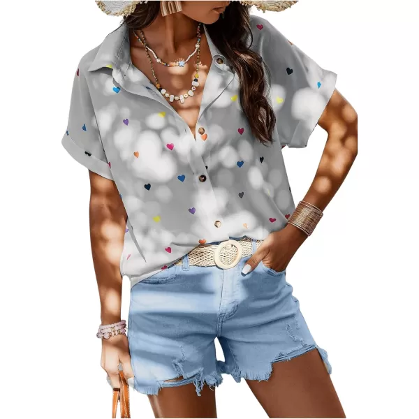 SweatyRocks Women's Heart Print Short Sleeve Button Down Shirt Top Collared Neck Summer Holiday Blouses