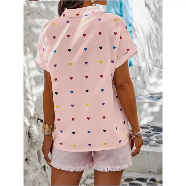 SweatyRocks Women's Heart Print Short Sleeve Button Down Shirt Top Collared Neck Summer Holiday Blouses