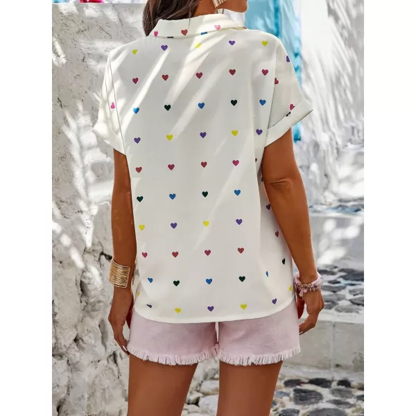 SweatyRocks Women's Heart Print Short Sleeve Button Down Shirt Top Collared Neck Summer Holiday Blouses