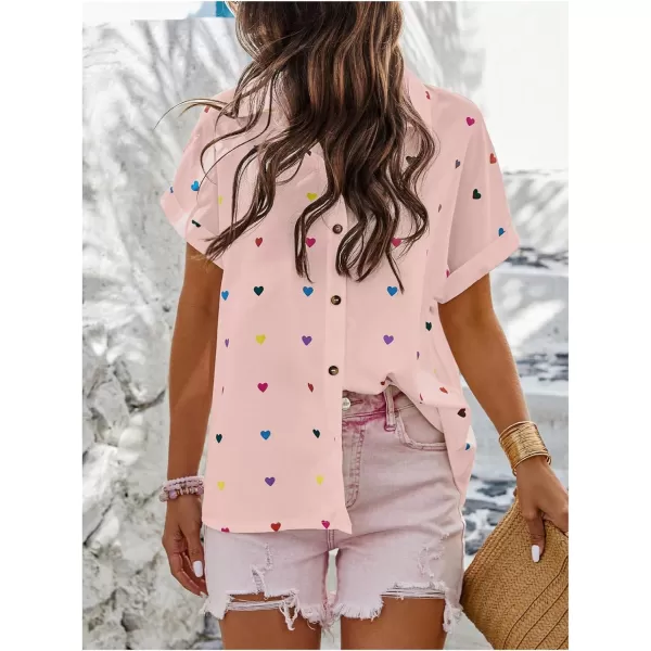 SweatyRocks Women's Heart Print Short Sleeve Button Down Shirt Top Collared Neck Summer Holiday Blouses
