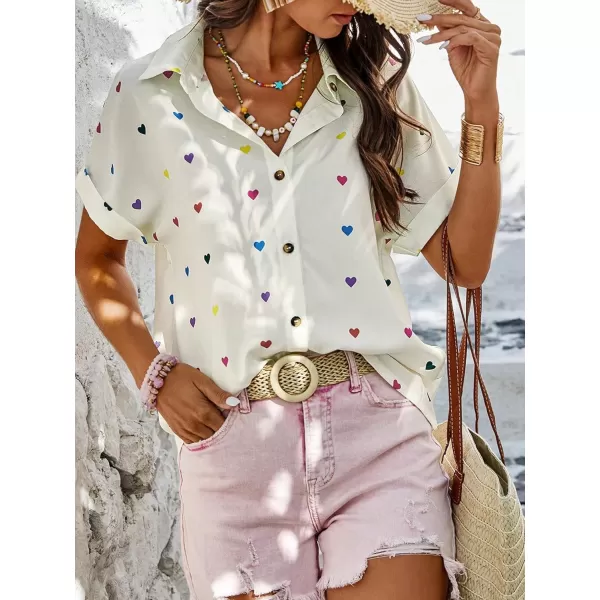SweatyRocks Women's Heart Print Short Sleeve Button Down Shirt Top Collared Neck Summer Holiday Blouses