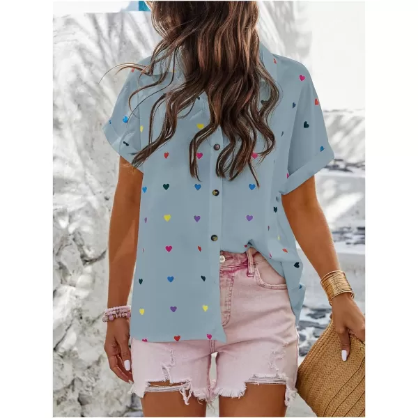 SweatyRocks Women's Heart Print Short Sleeve Button Down Shirt Top Collared Neck Summer Holiday Blouses